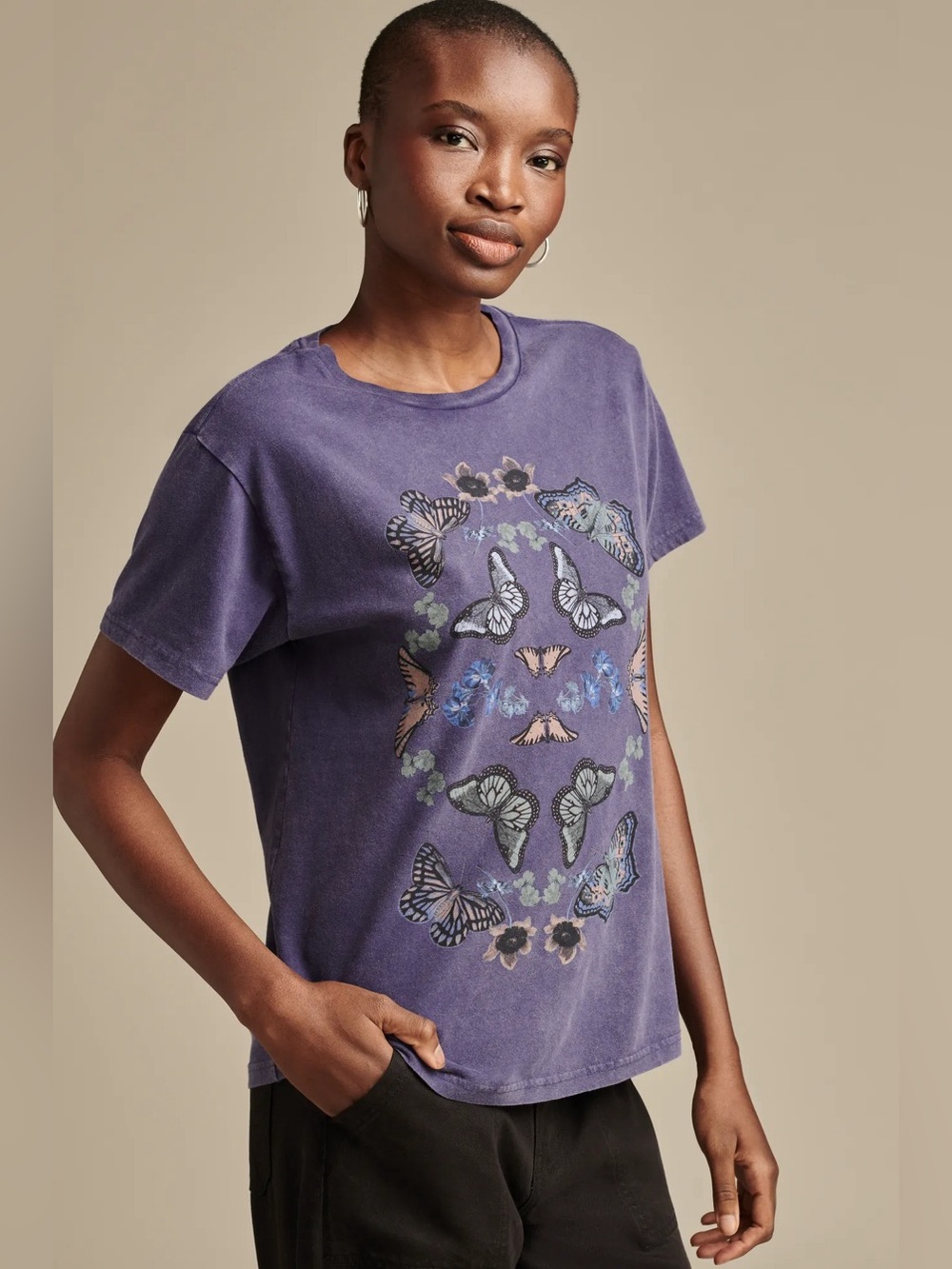 Lucky Brand - Butterflies Boyfriend Tee, Faded Vintage Vibe Graphic Tshirt, Sz L